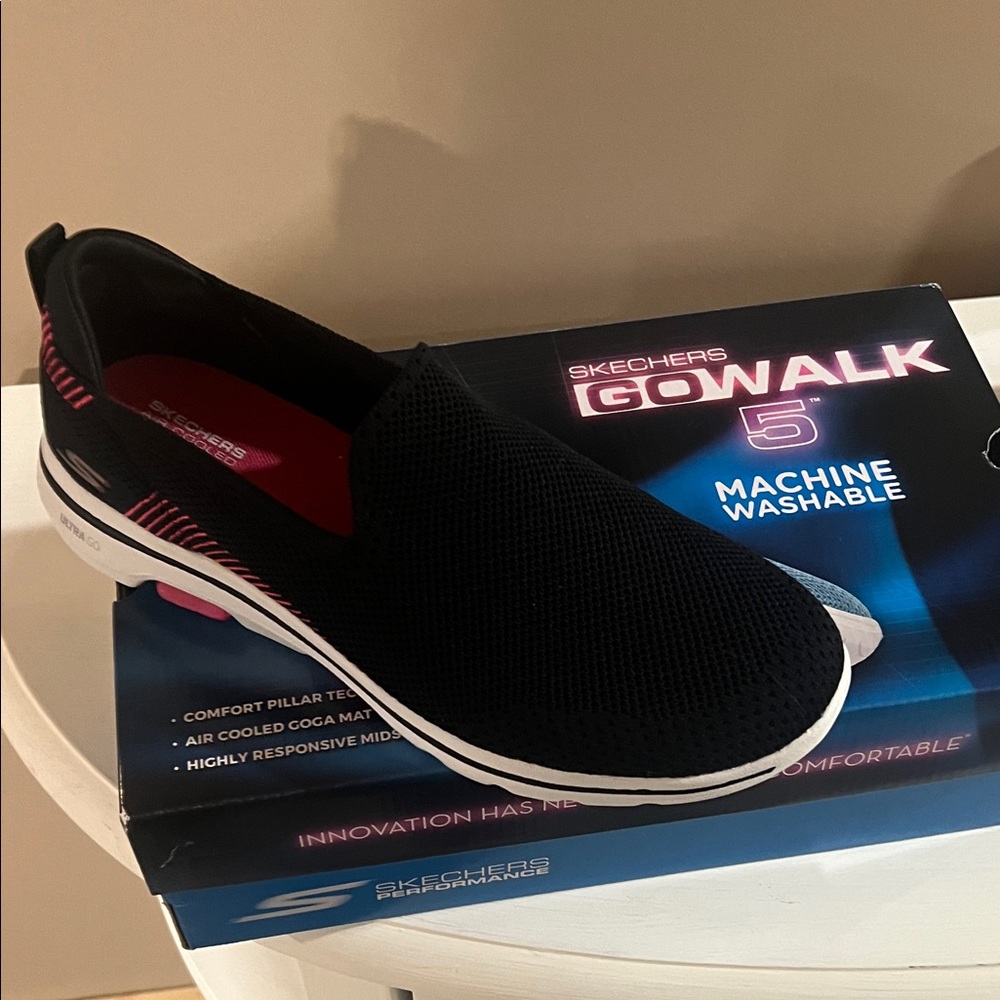 Skechers Go Walk 5 Black and Pink Slip-On Sneakers